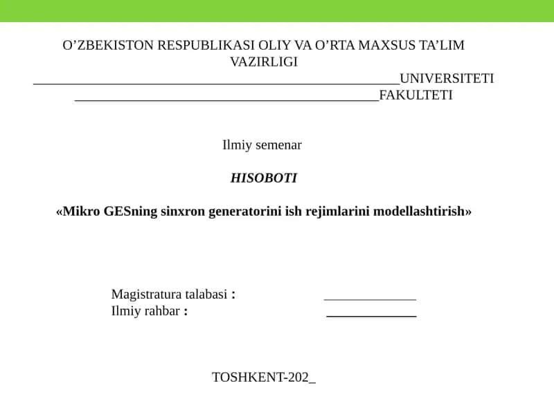 Mikro GESning sinxron generatorini ish rejimlarini modellashtirish 1
