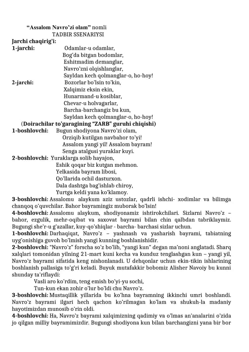 "Assalom Navro’zi olam" nomli TADBIR SSENARIYSI 1