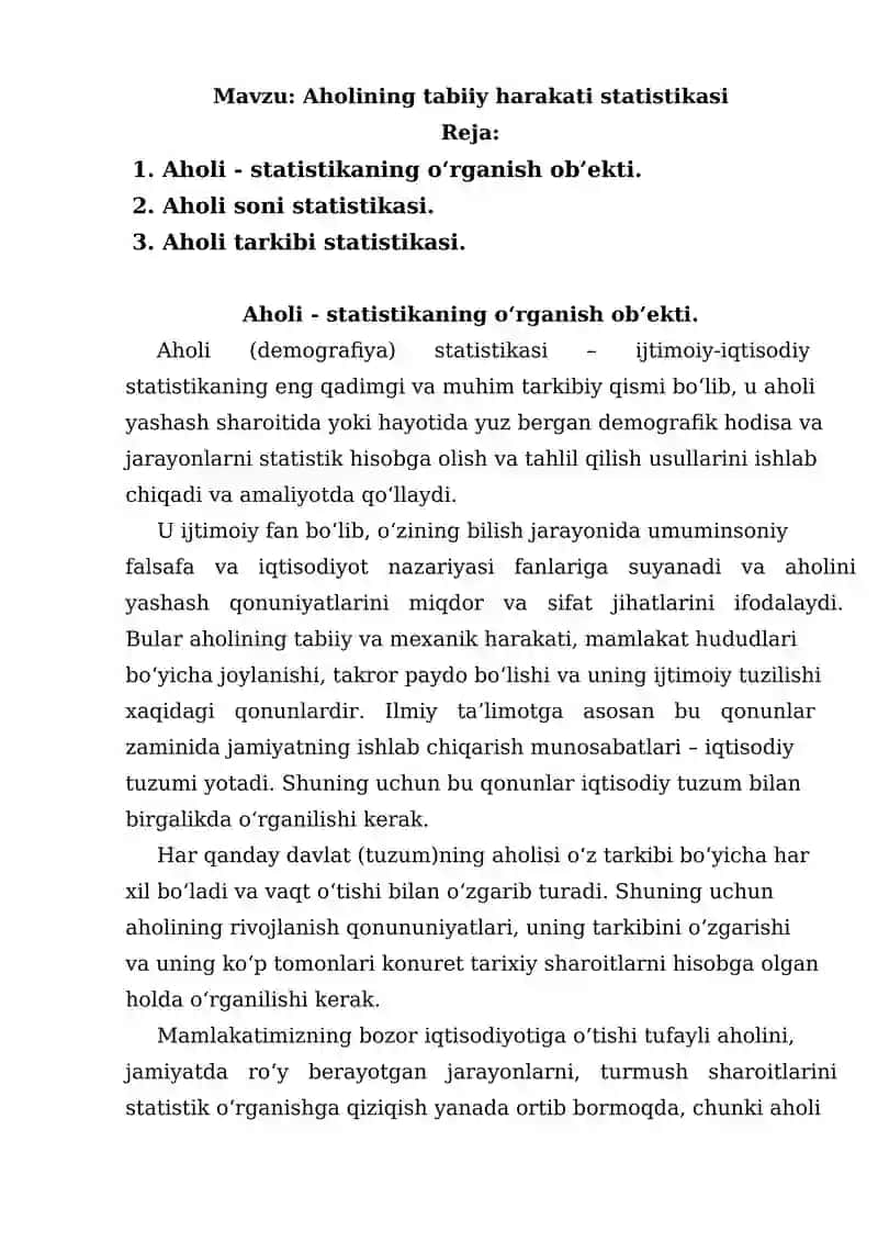 Aholining tabiiy harakati statistikasi