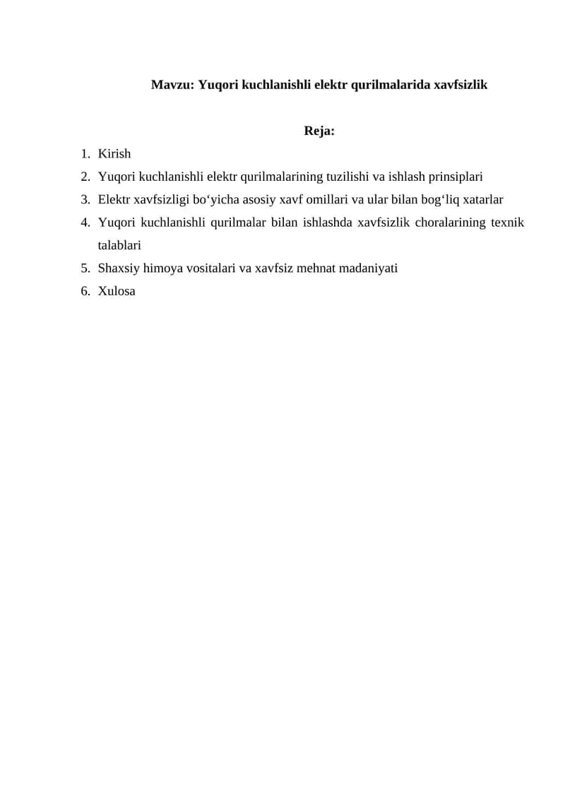 Yuqori kuchlanishli elektr qurilmalarida xavfsizlik 1