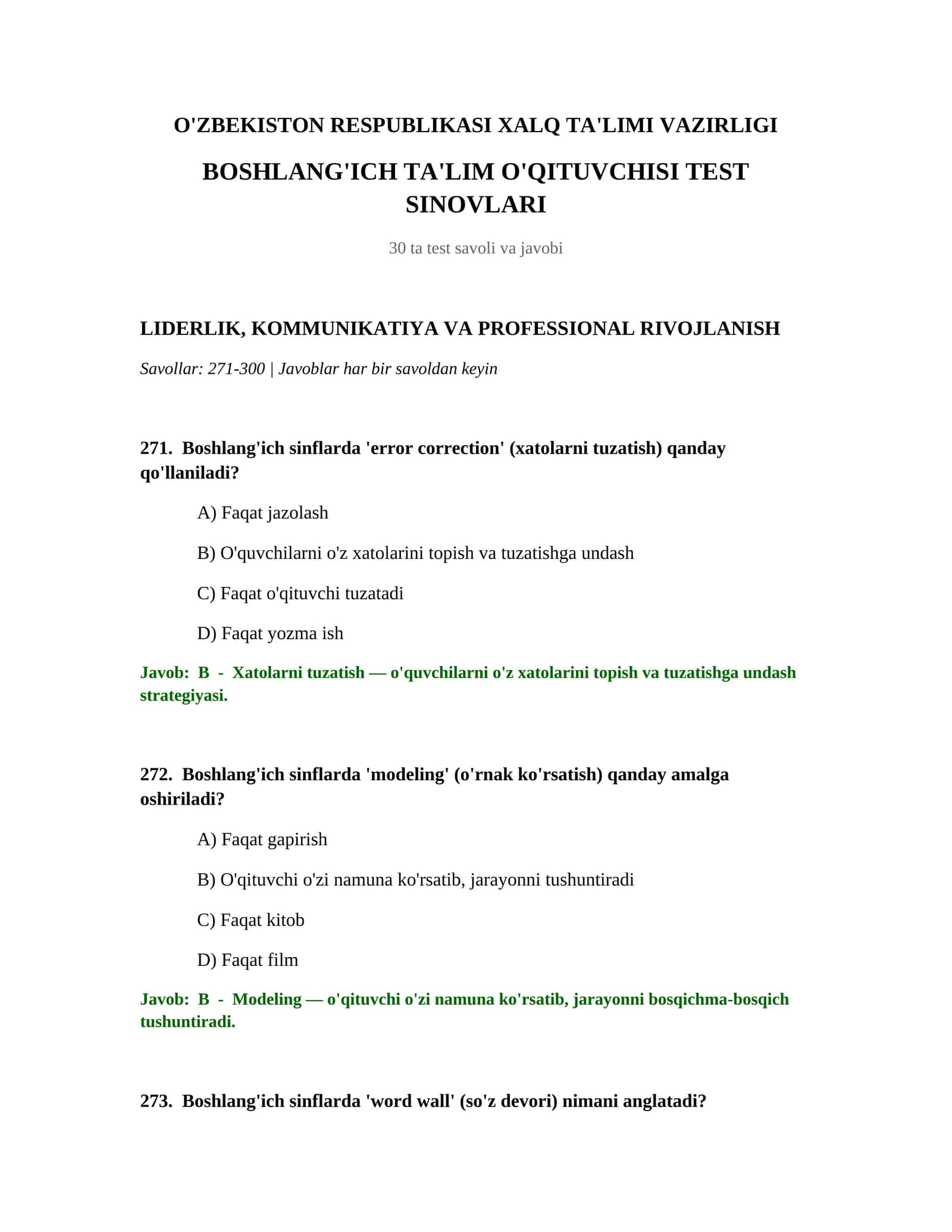 BOSHLANG'ICH TA'LIM O'QITUVCHISI TEST SINOVLARI 1