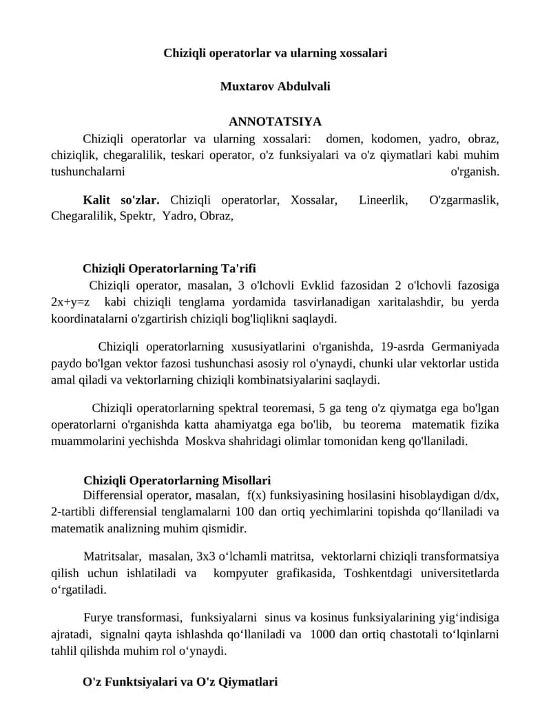 Chiziqli operatorlar va ularning xossalari 1