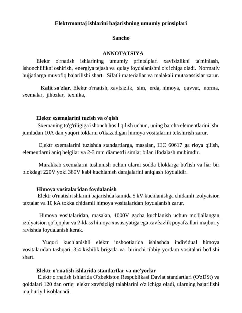 Elektrmontaj ishlarini bajarishning umumiy prinsiplari 1