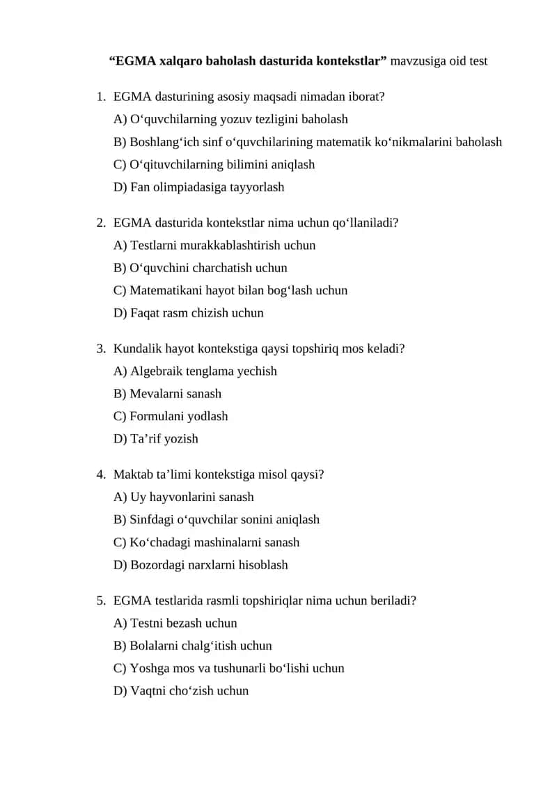 EGMA xalqaro baxolash tizimi dasturida kontekstlar mavzusiga testlar 1