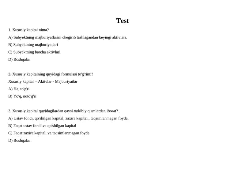 Moliyaviy tahlil. Test 1