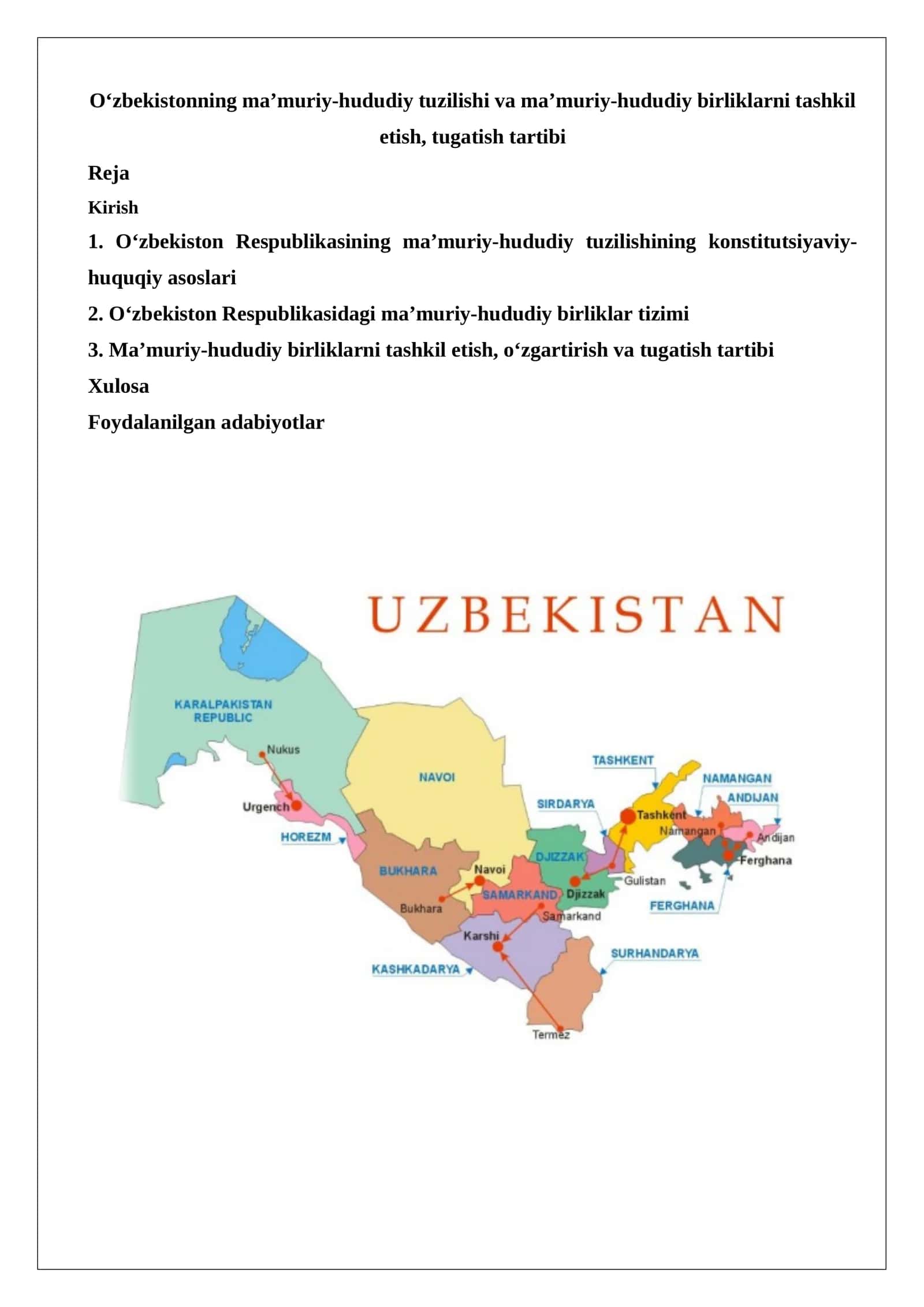 O‘zbekistonning ma’muriy-hududiy tuzilishi va ma’muriy-hududiy birliklarni tashkil etish, tugatish tartibi 1
