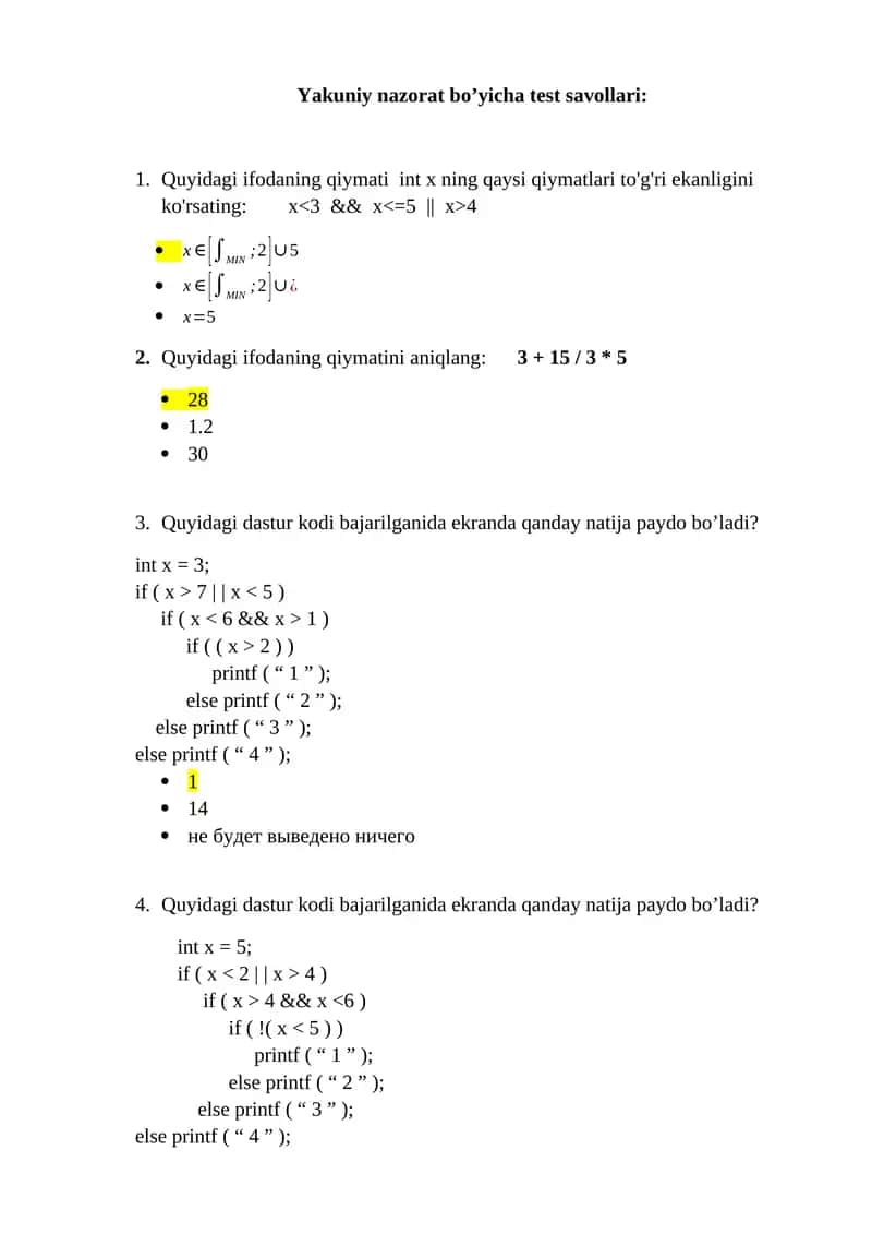 Yakuniy nazorat bo’yicha test savollari 1