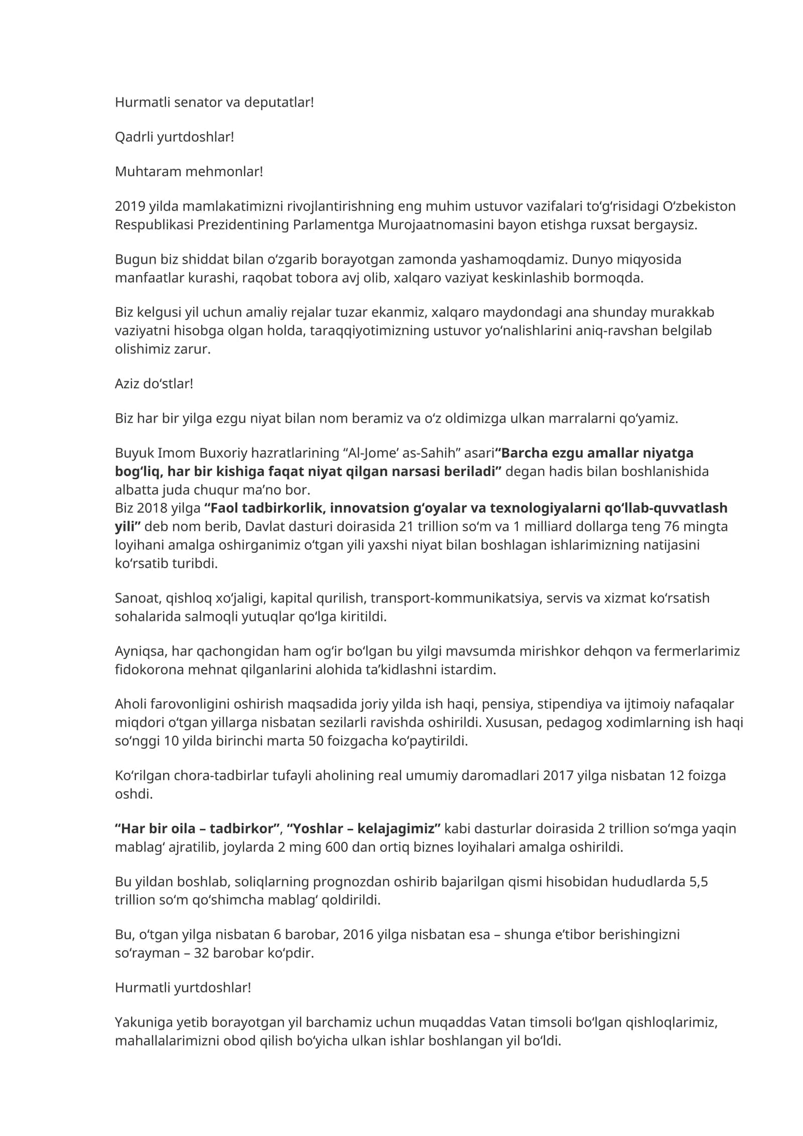 Oʻzbekiston Respublikasi Prezidentining Parlamentga Murojaatnomasi 1