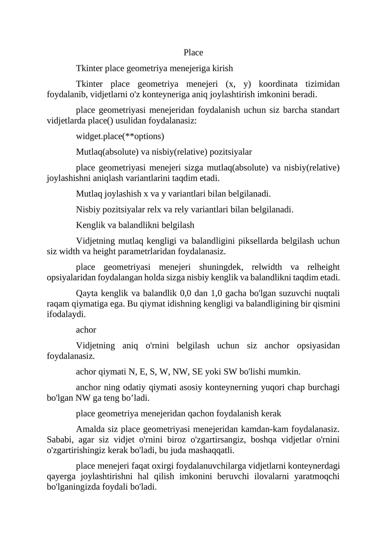 Tkinter place geometriya menejeriga kirish 1