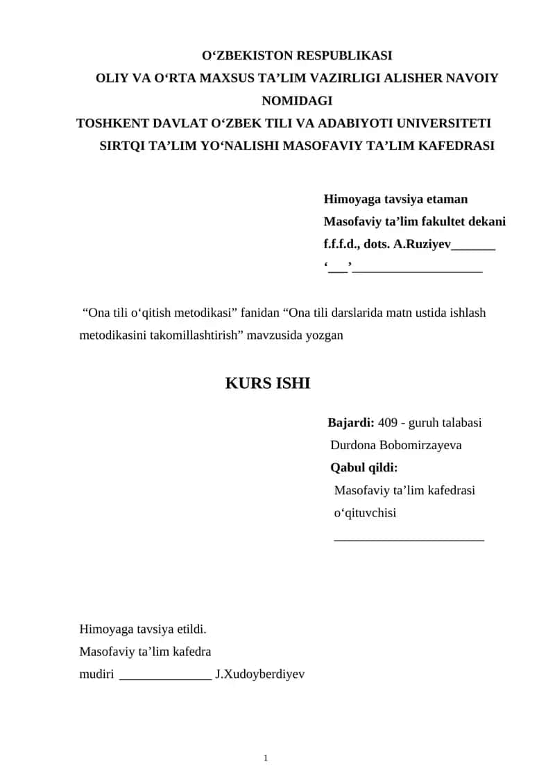 Ona tili darslarida matn ustida ishlash metodikasini takomillashtirish 1
