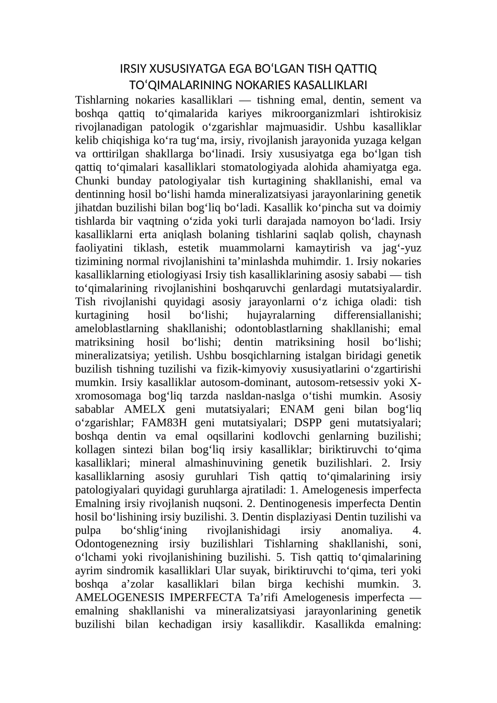IRSIY XUSUSIYATGA EGA BO‘LGAN TISH QATTIQ TO'QIMALARINING NOKARIES KASALLIKLARI 1