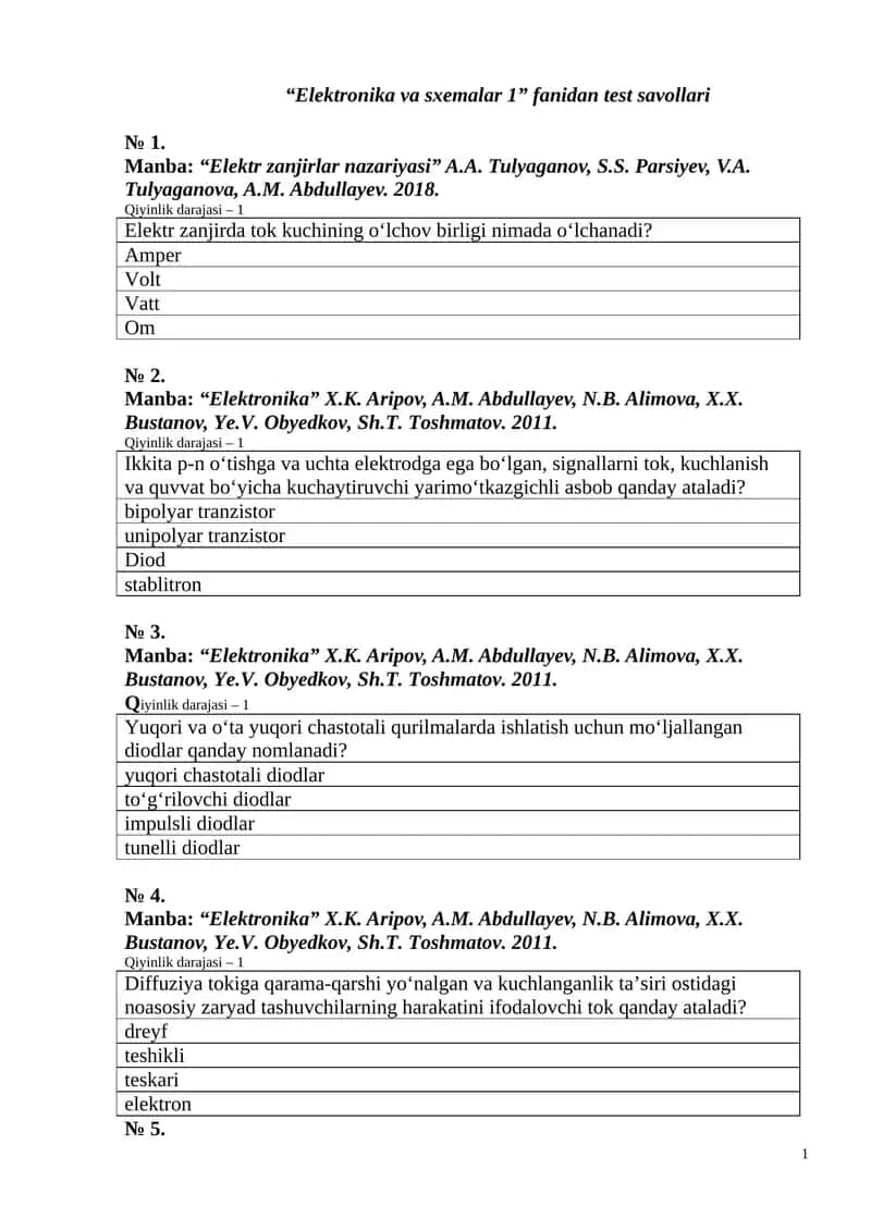 Elektronika va sxemalar 1 1