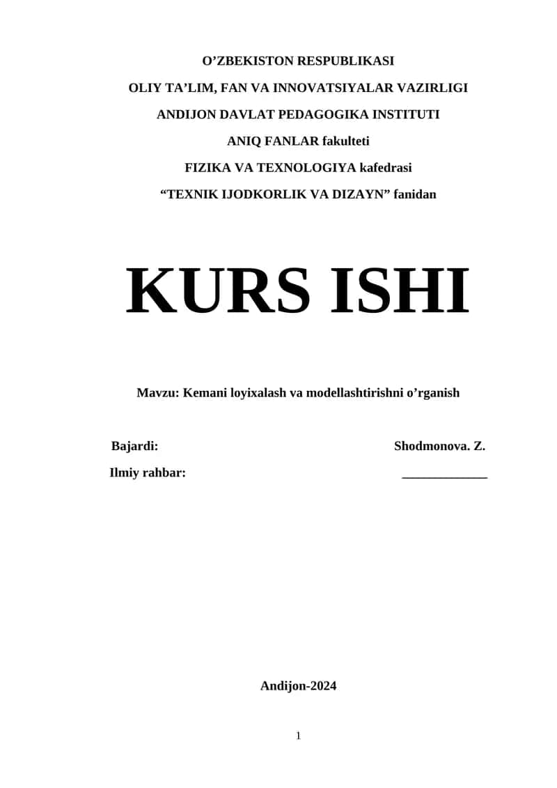 Kemani loyixalash va modellashtirishni o’rganish 1