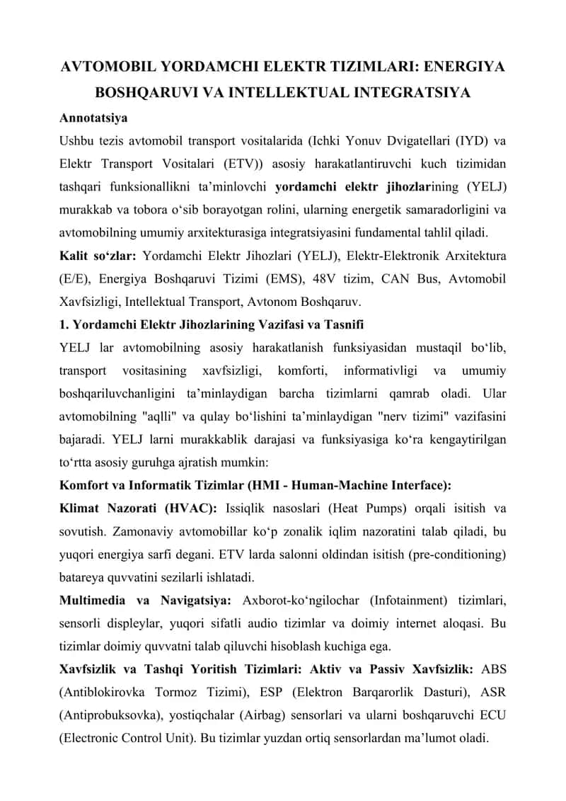 AVTOMOBIL YORDAMCHI ELEKTR TIZIMLARI 1
