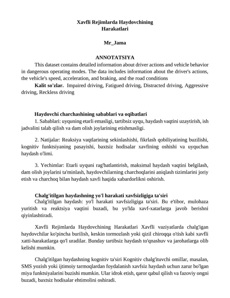 Xavfli Rejimlarda Haydovchining Harakatlari 1