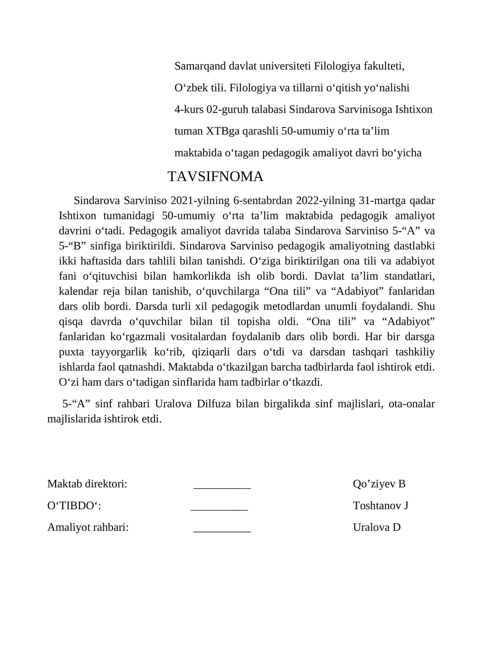 Sindarova Sarviniso pedagogik amaliyot davri 1