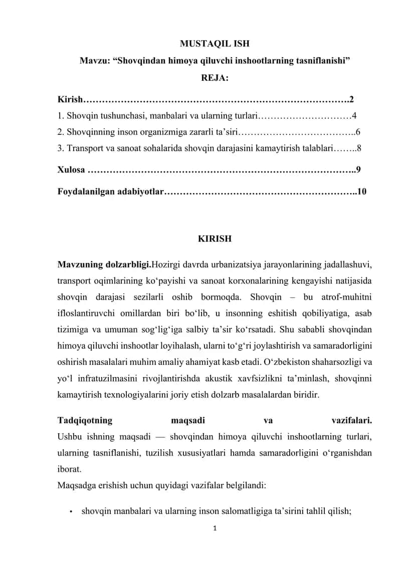 Shovqindan himoya qiluvchi inshootlarning tasniflanishi 1