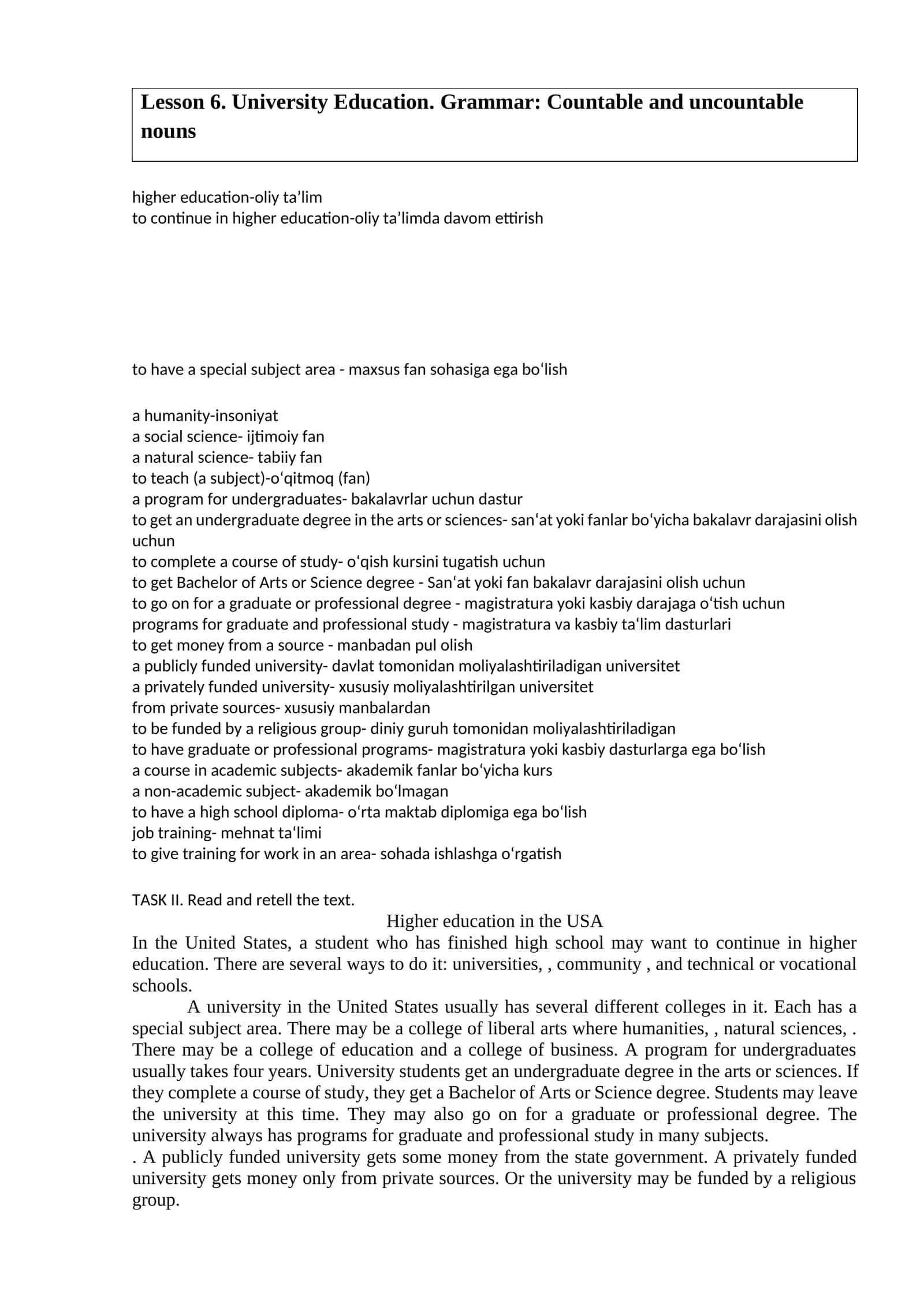 Lesson 6. University Education. Grammar: Countable and uncountable nouns 1