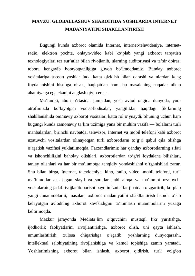 GLOBALLASHUV SHAROITIDA YOSHLARDA INTERNET MADANIYATINI SHAKLLANTIRISH 1