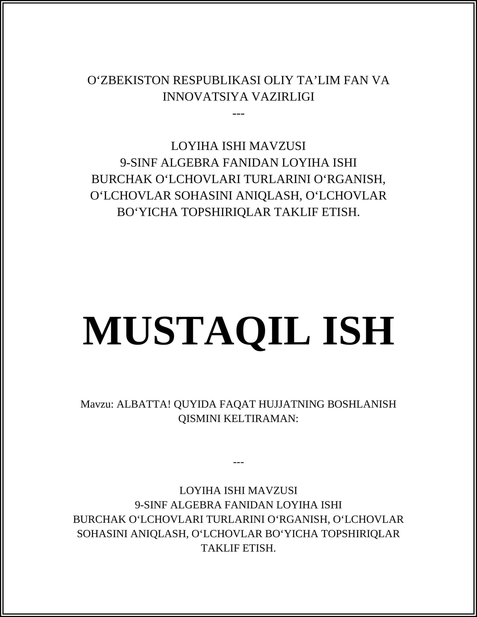 9-SINF ALGEBRA FANIDAN LOYIHA ISHI 1