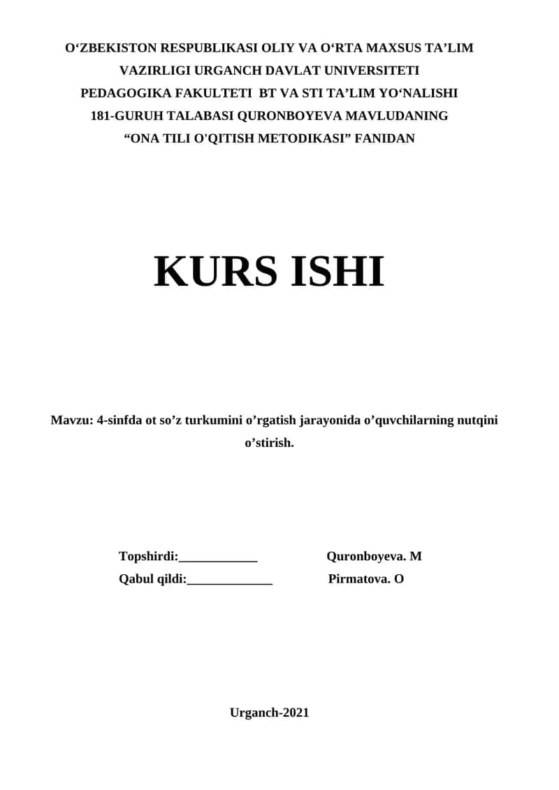 "4-sinfda ot so’z turkumini o’rgatish jarayonida o’quvchilarning nutqini o’stirish" 1