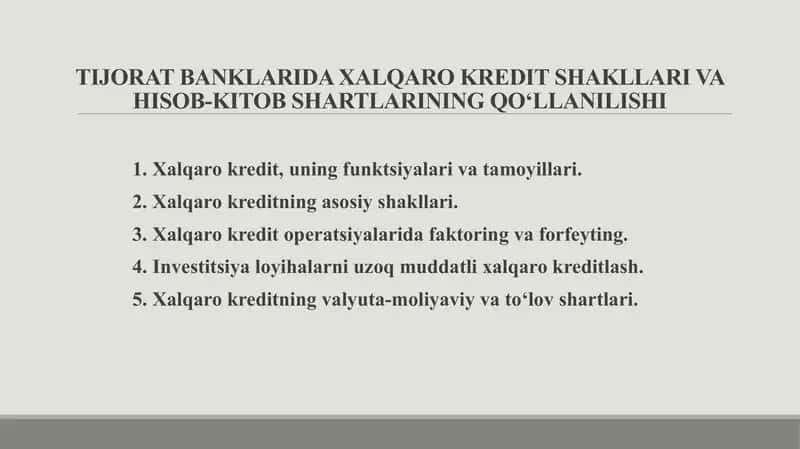 TIJORAT BANKLARIDA XALQARO KREDIT SHAKLLARI VA HISOB-KITOB SHARTLARINING QО‘Llanilishhi 1
