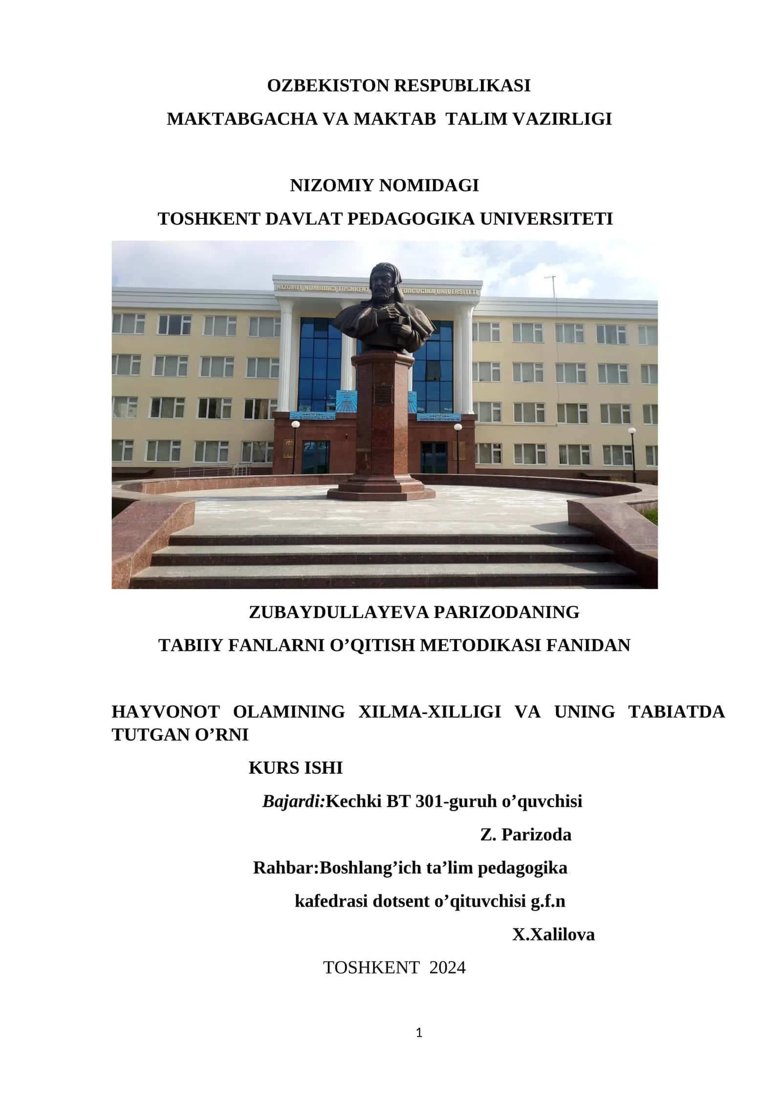 TABIIY FANLARNI O’QITISH METODIKASI FANIDAN 1