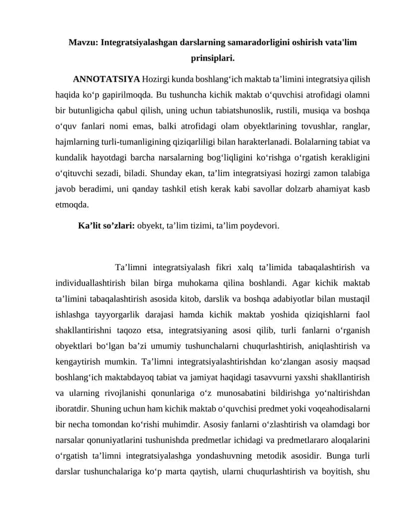 Integratsiyalashgan darslarning samaradorligini oshirish vata'lim prinsiplari 1
