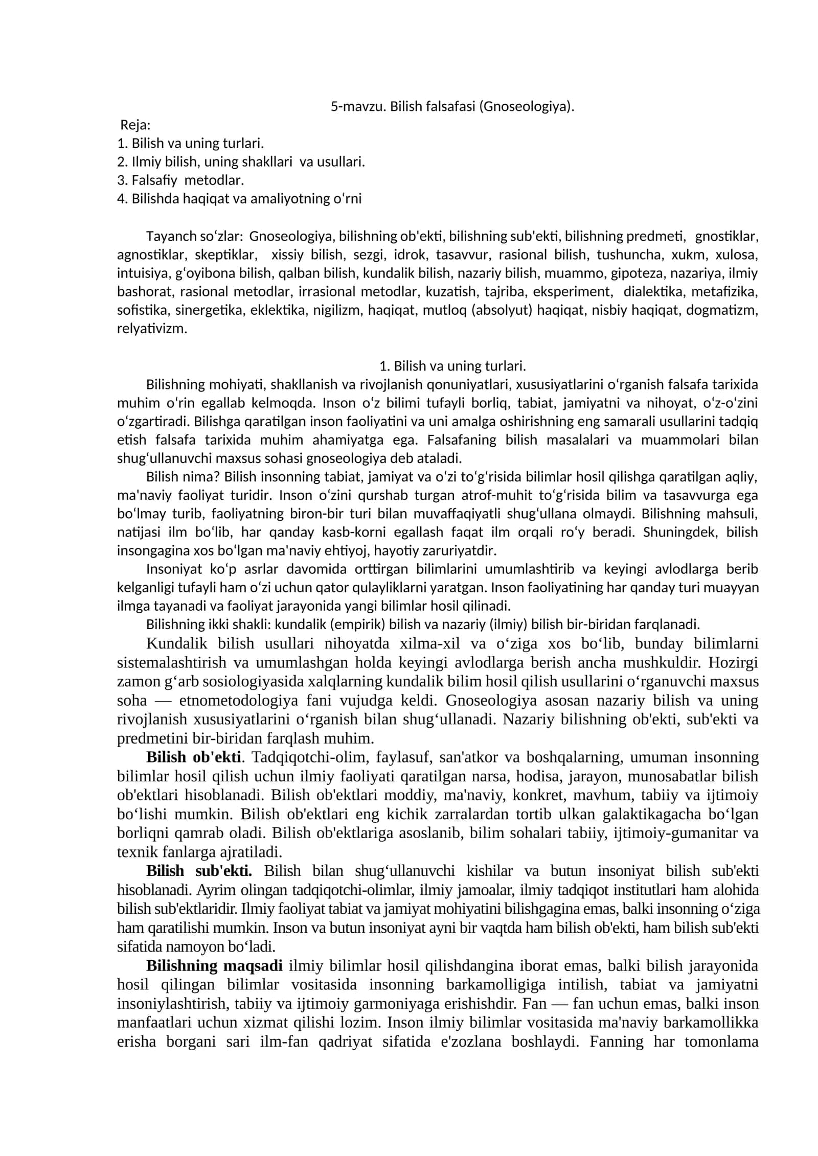 Bilish falsafasi (Gnoseologiya) 1