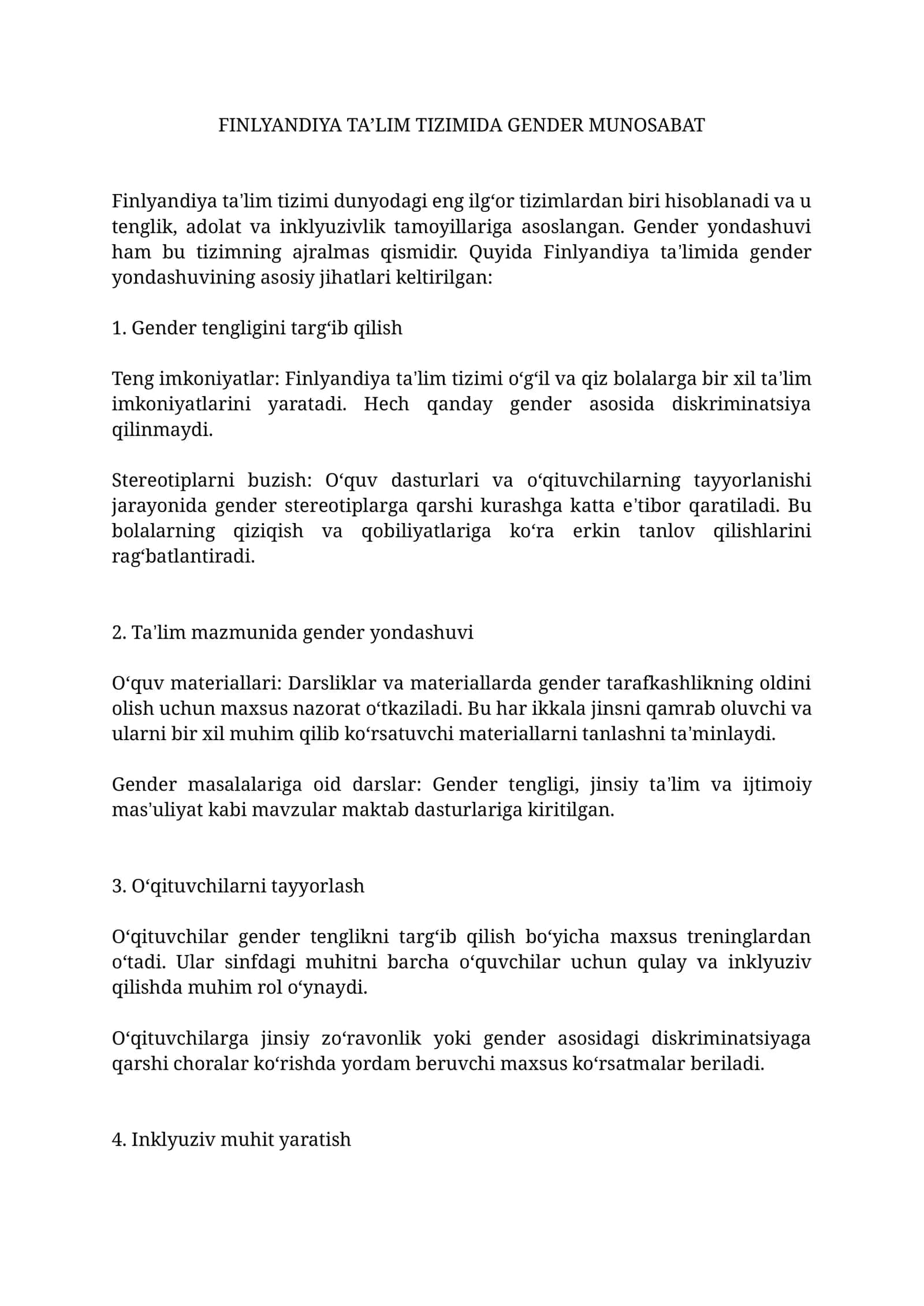 FINLYANDIYA TAʼLIM TIZIMIDA GENDER MUNOSABAT 1