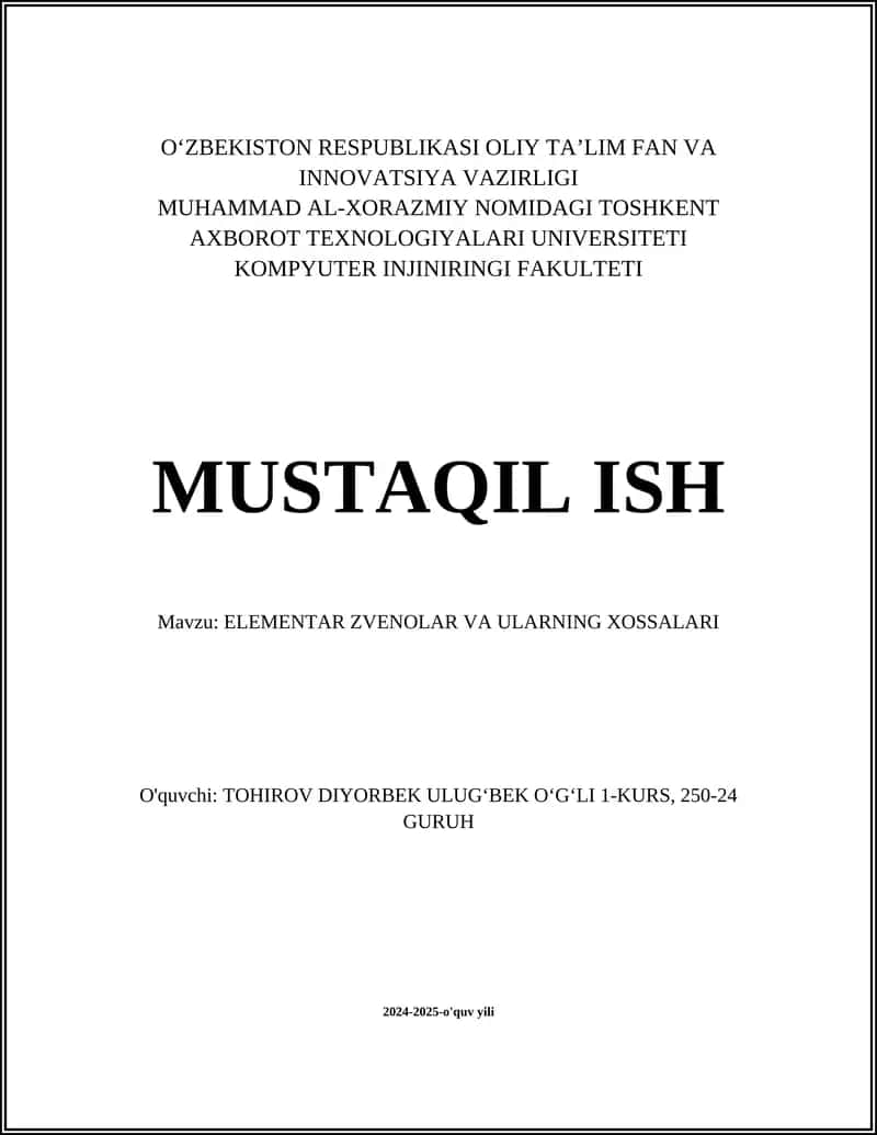 ELEMENTAR ZVENOLAR VA ULARNING XOSSALARI 1