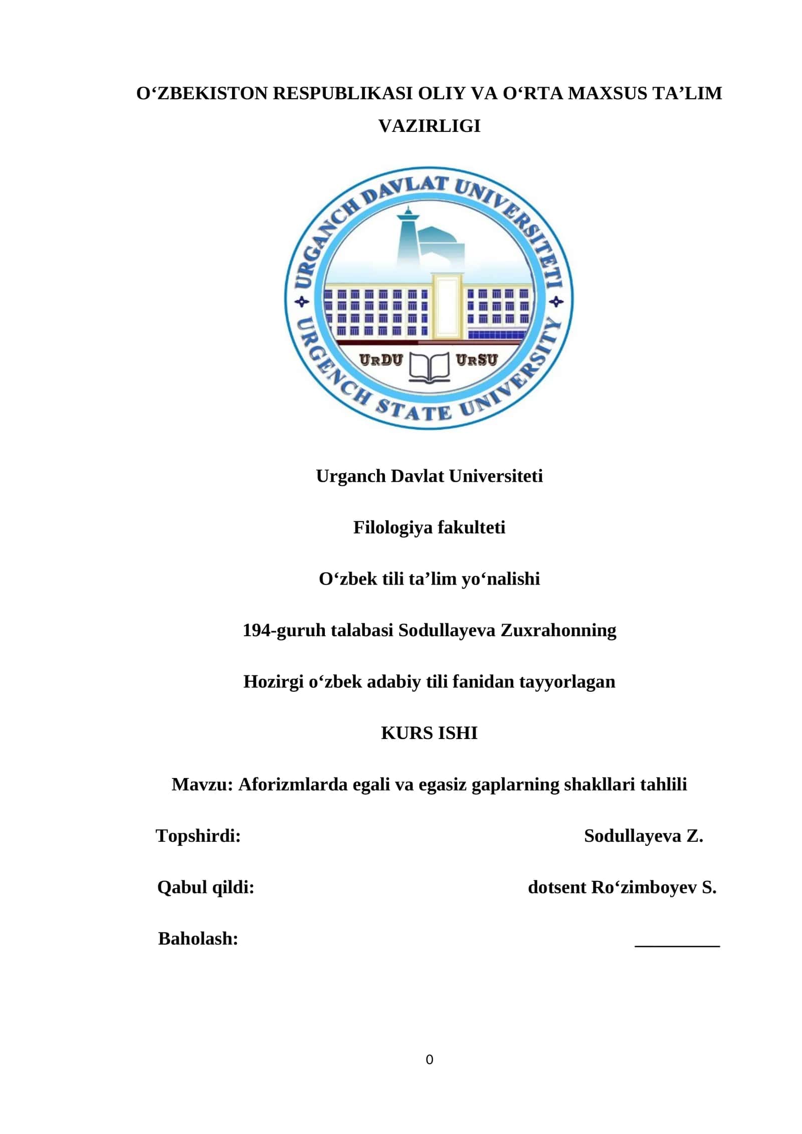 Aforizmlarda egali va egasiz gaplarning shakllari tahlili 1