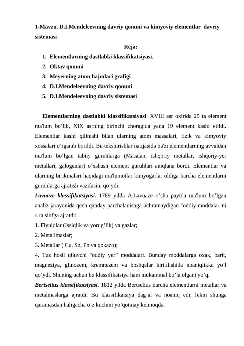 D.I.Mеndеlееvning davriy qonuni va kimyoviy elеmеntlar davriy sistеmasi 1