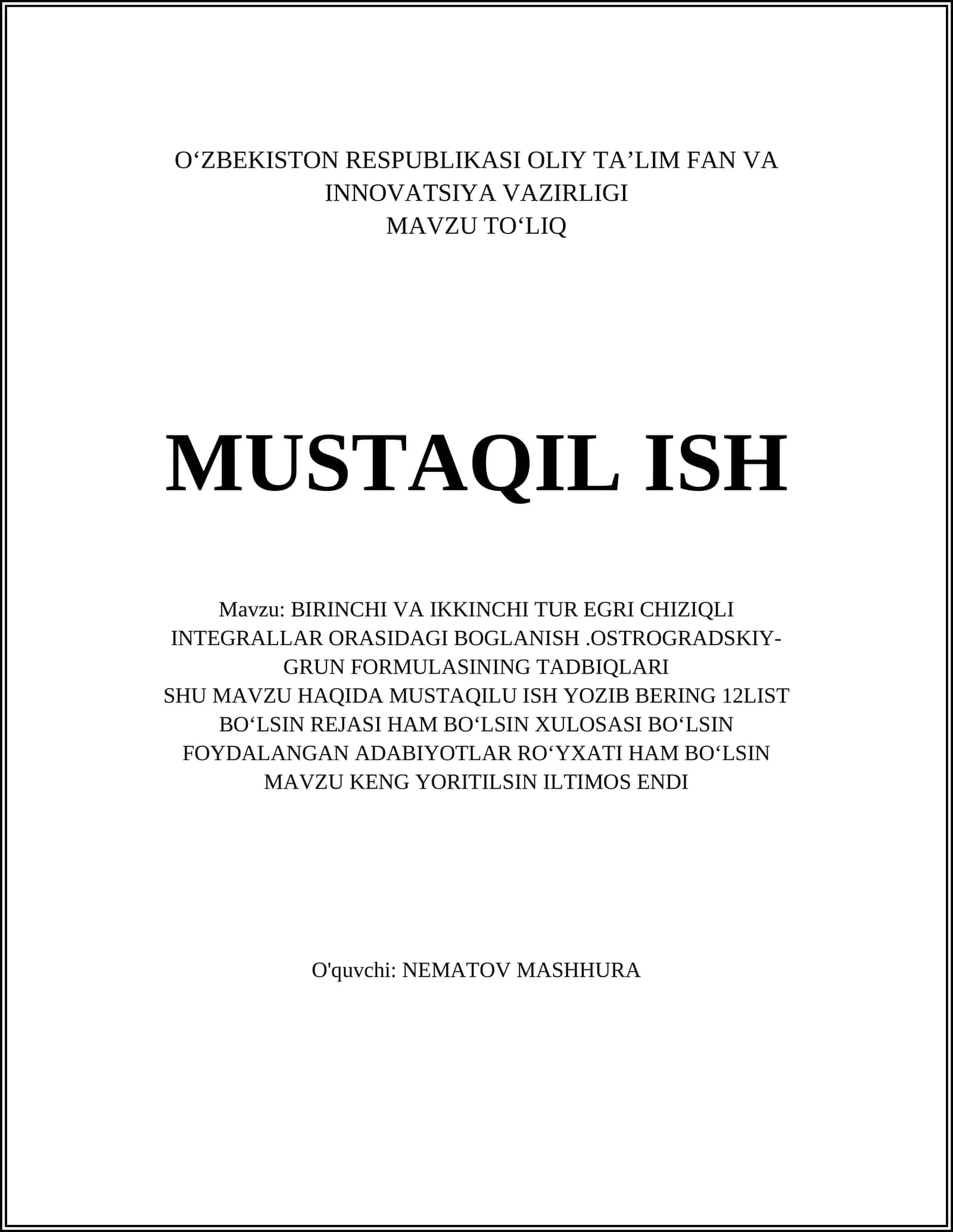 BIRINCHI VA IKKINCHI TUR EGRI CHIZIQLI INTEGRALLAR ORASIDAGI BOGLANISH 1