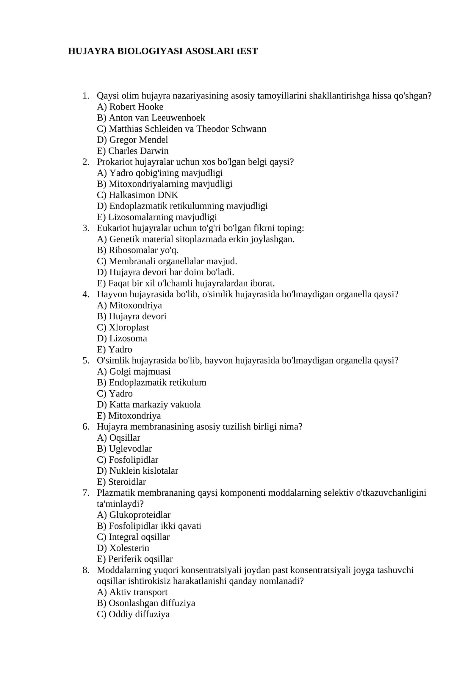 HUJAYRA BIOLOGIYASI ASOSLARI tEST 1