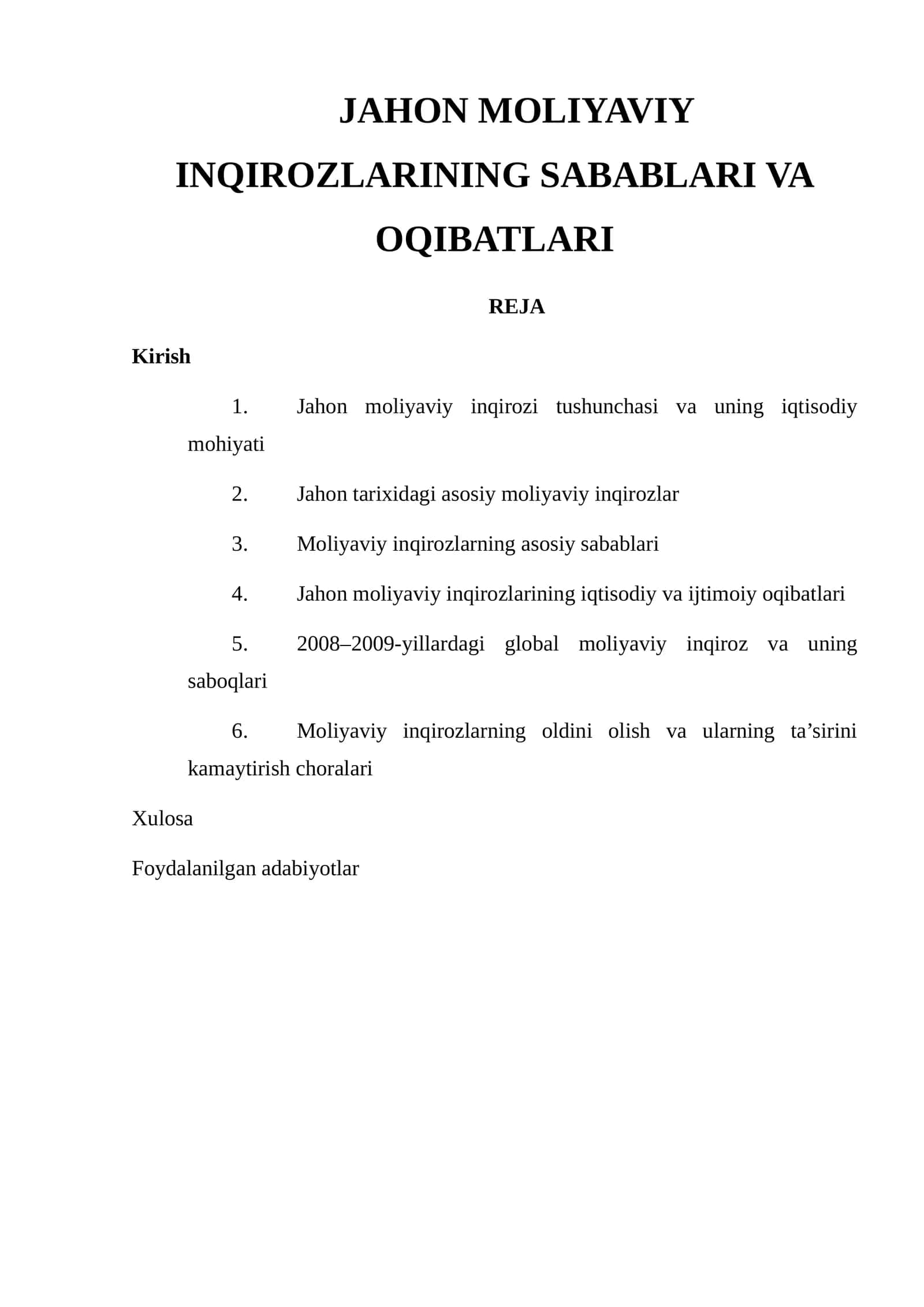 JAHON MOLIYAVIY INQIROZLARINING SABABLARI VA OQIBATLARI 1