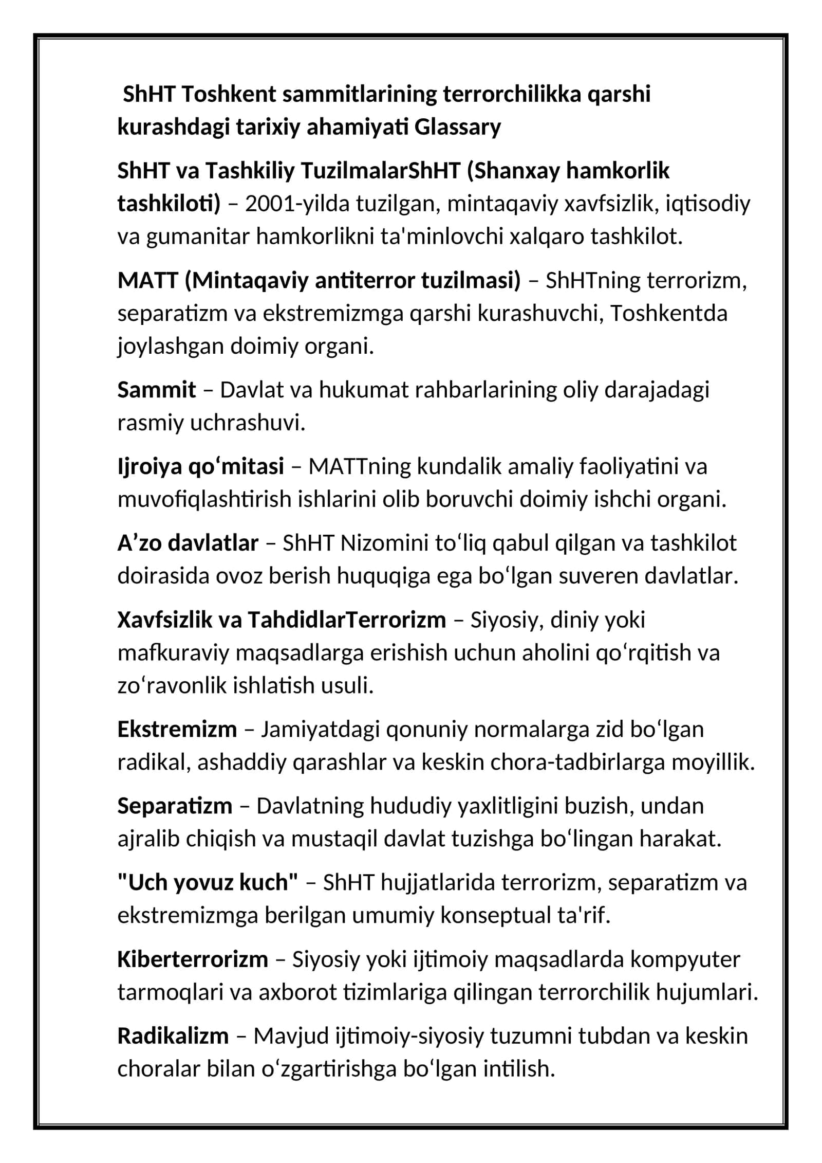 SHHT Toshkent sammitlarinning terorchilikka qarshi kurashdagi tarixiy axamyati. 1