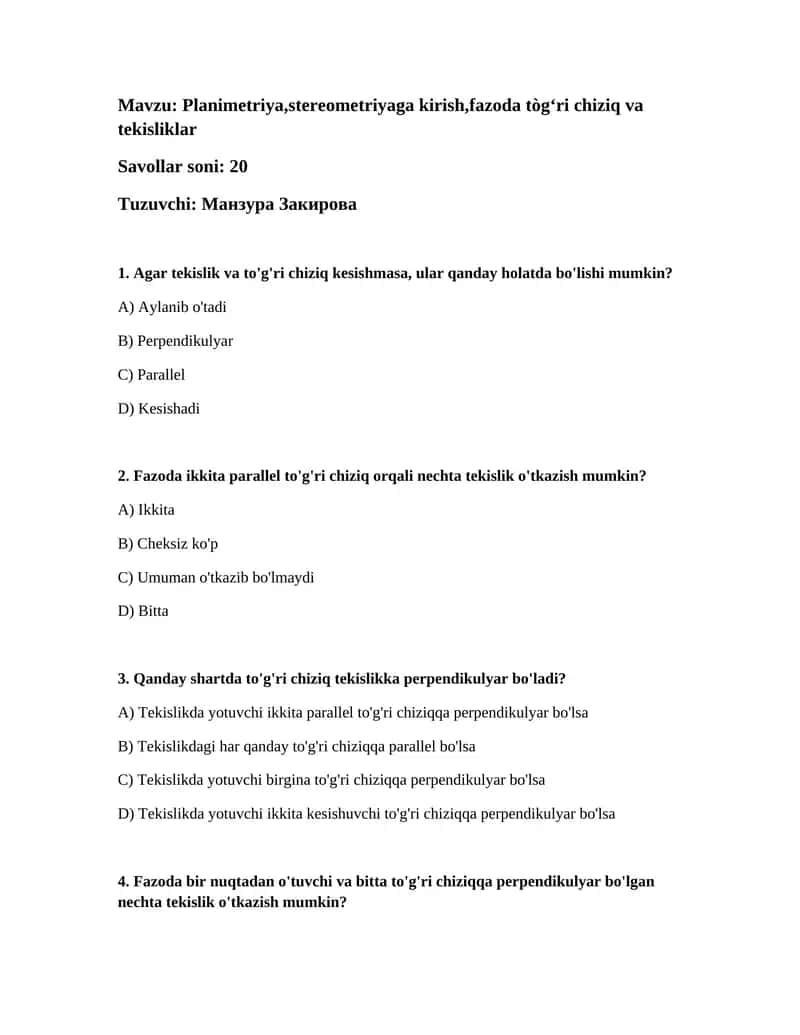 Planimetriya,stereometriyaga kirish,fazoda tògʻri chiziq va tekisliklar 1