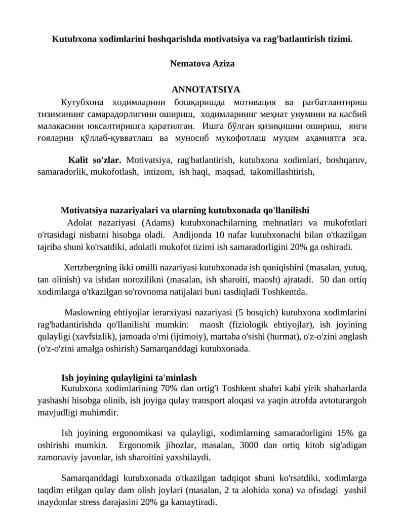 Motivatsiya va rag'batlantirish tizimi 1