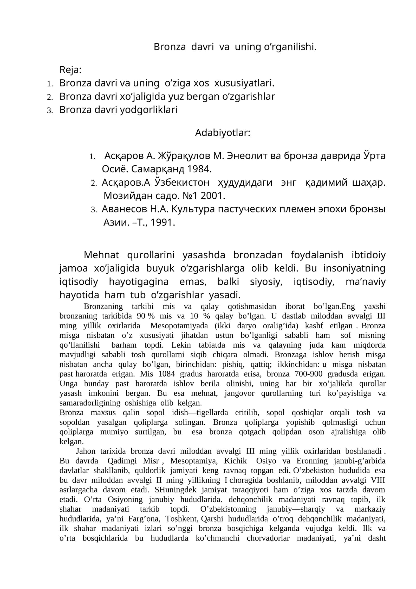 Bronza davri va uning o’rganilishi 1