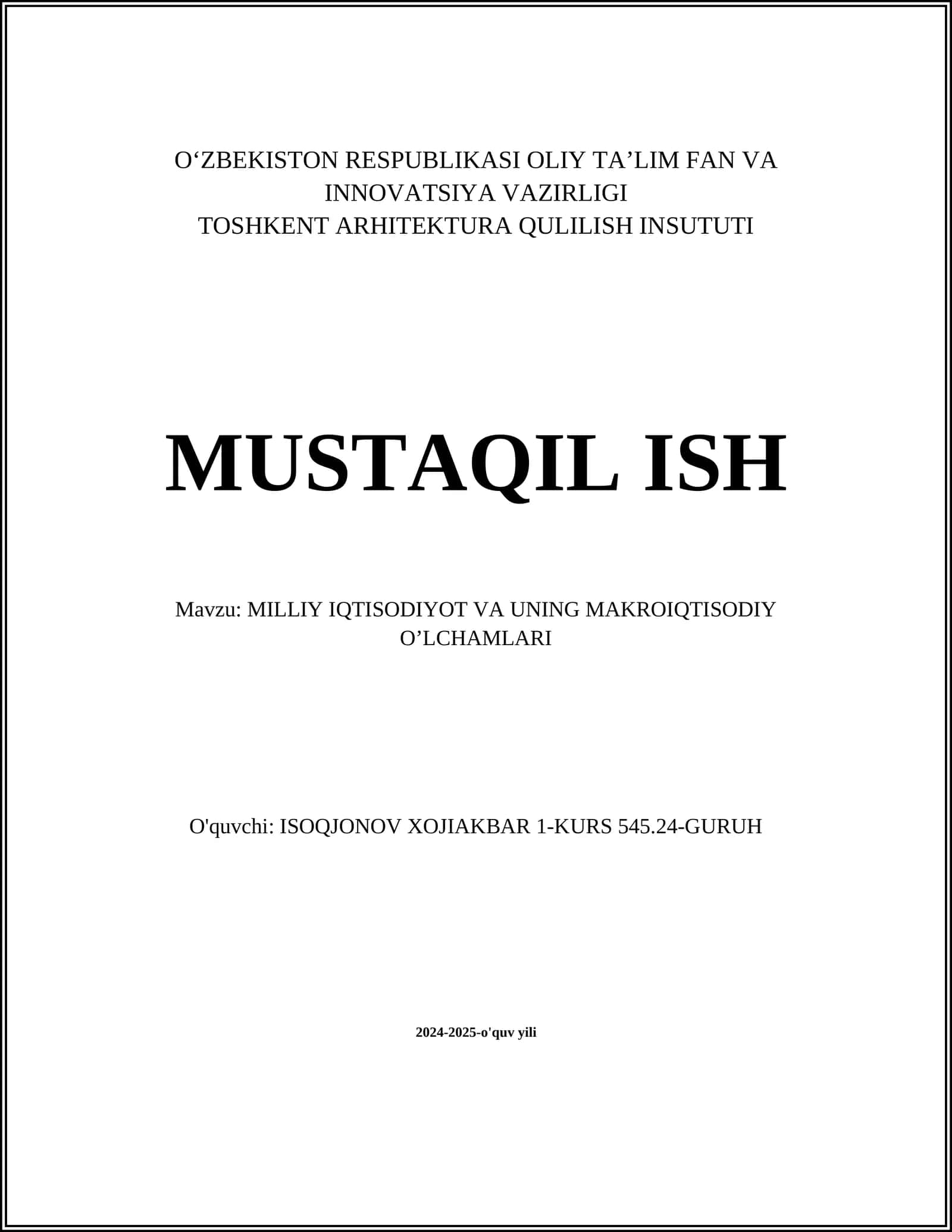 MILLIY IQTISODIYOT VA UNING MAKROIQTISODIY O’LCHAMLARI 1