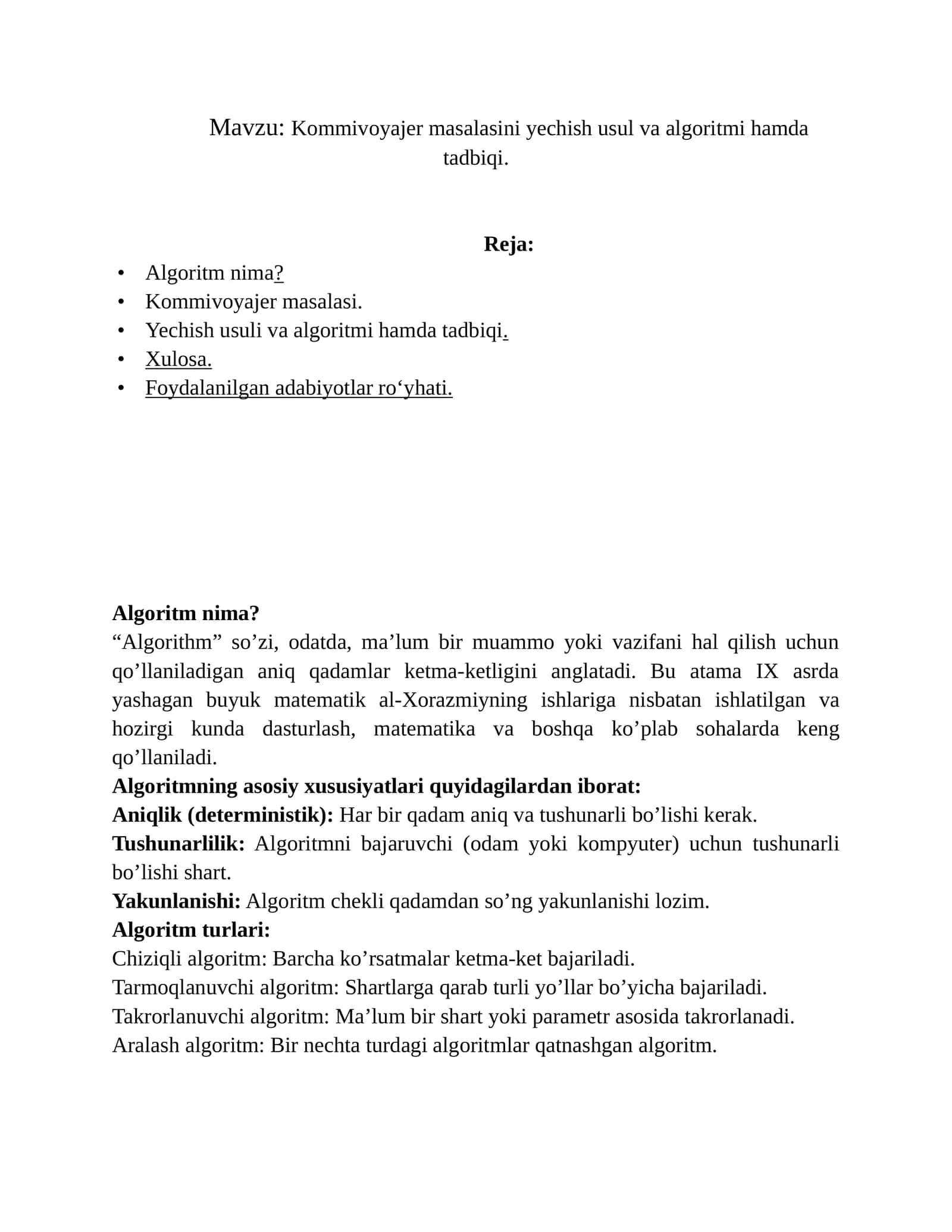 Kommivoyajer masalasini yechish usul va algoritmi 1