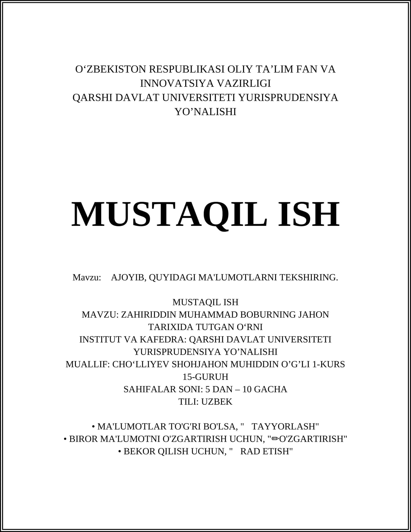 MAVZU: ZAHIRIDDIN MUHAMMAD BOBURNING JAHON TARIXIDA TUTGAN OʻRNI 1
