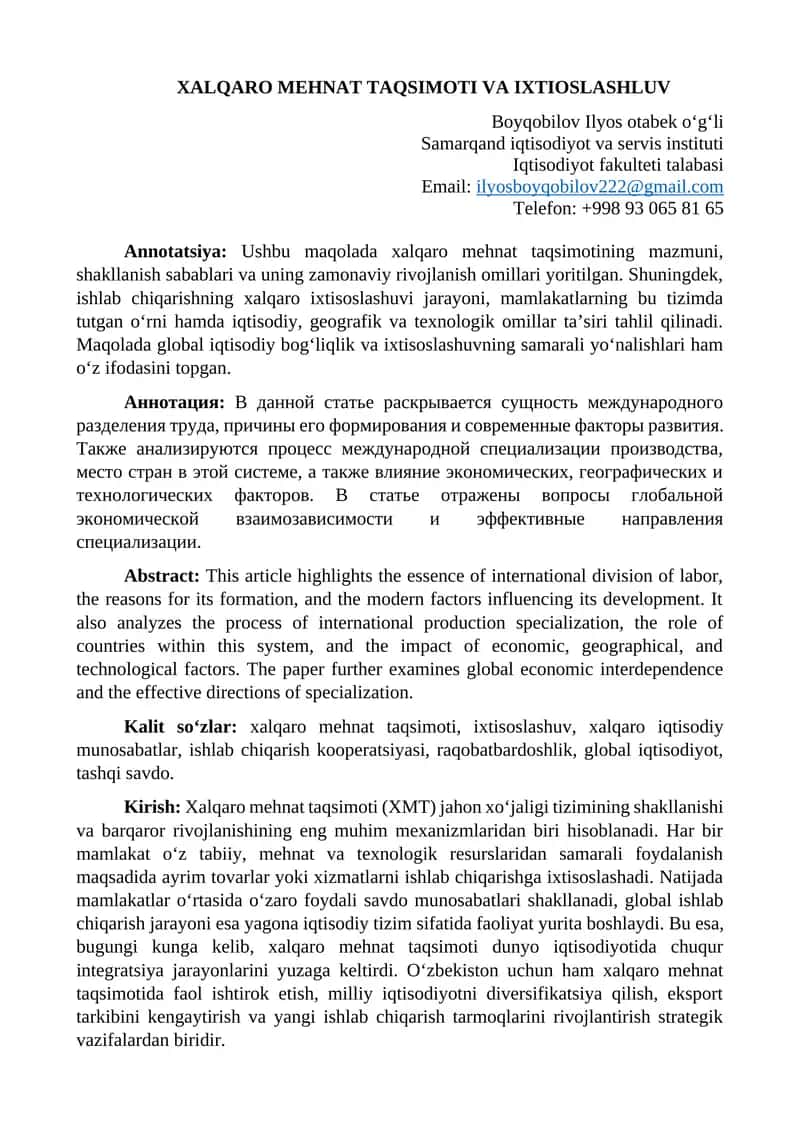 XALQARO MEHNAT TAQSIMOTI VA IXTIOSLASHLUV 1