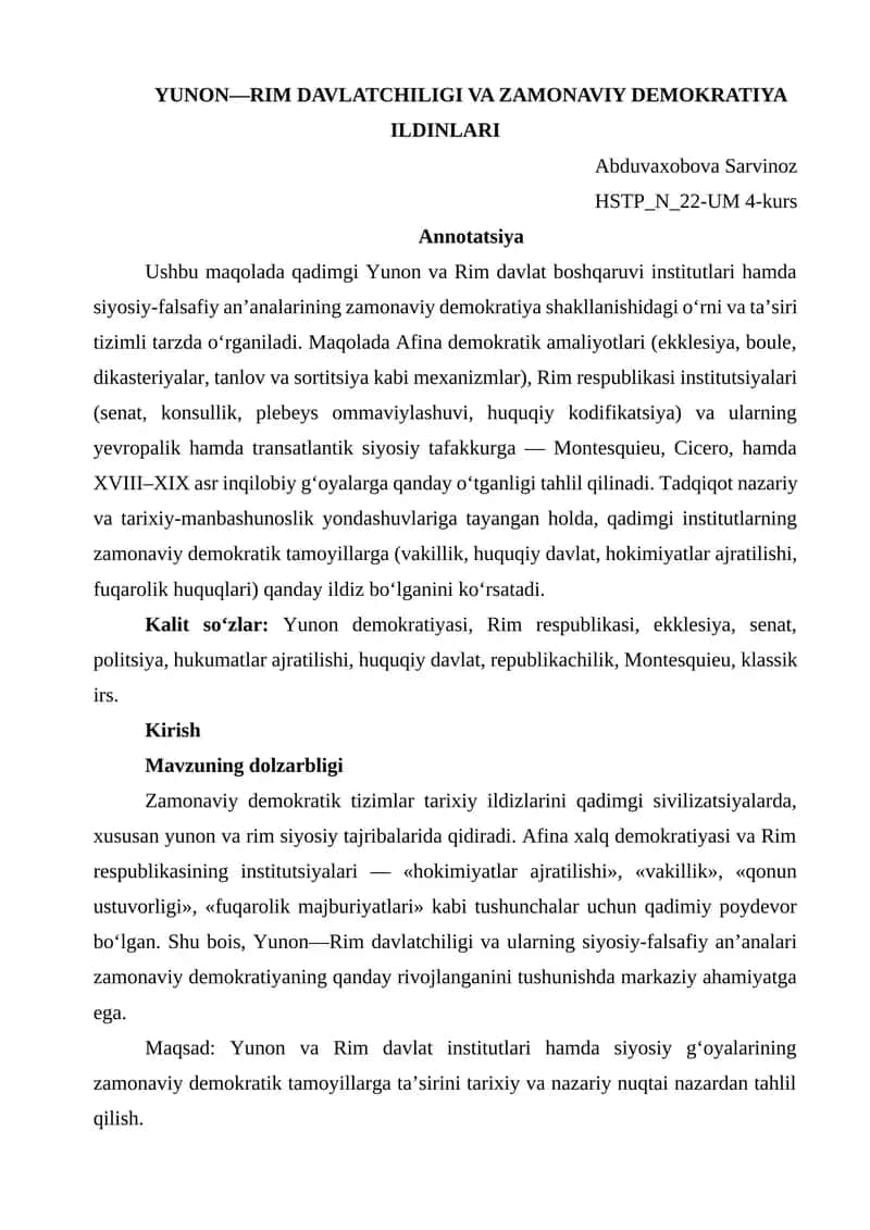 YUNON—RIM DAVLATCHILIGI VA ZAMONAVIY DEMOKRATIYA ILDINLARI 1