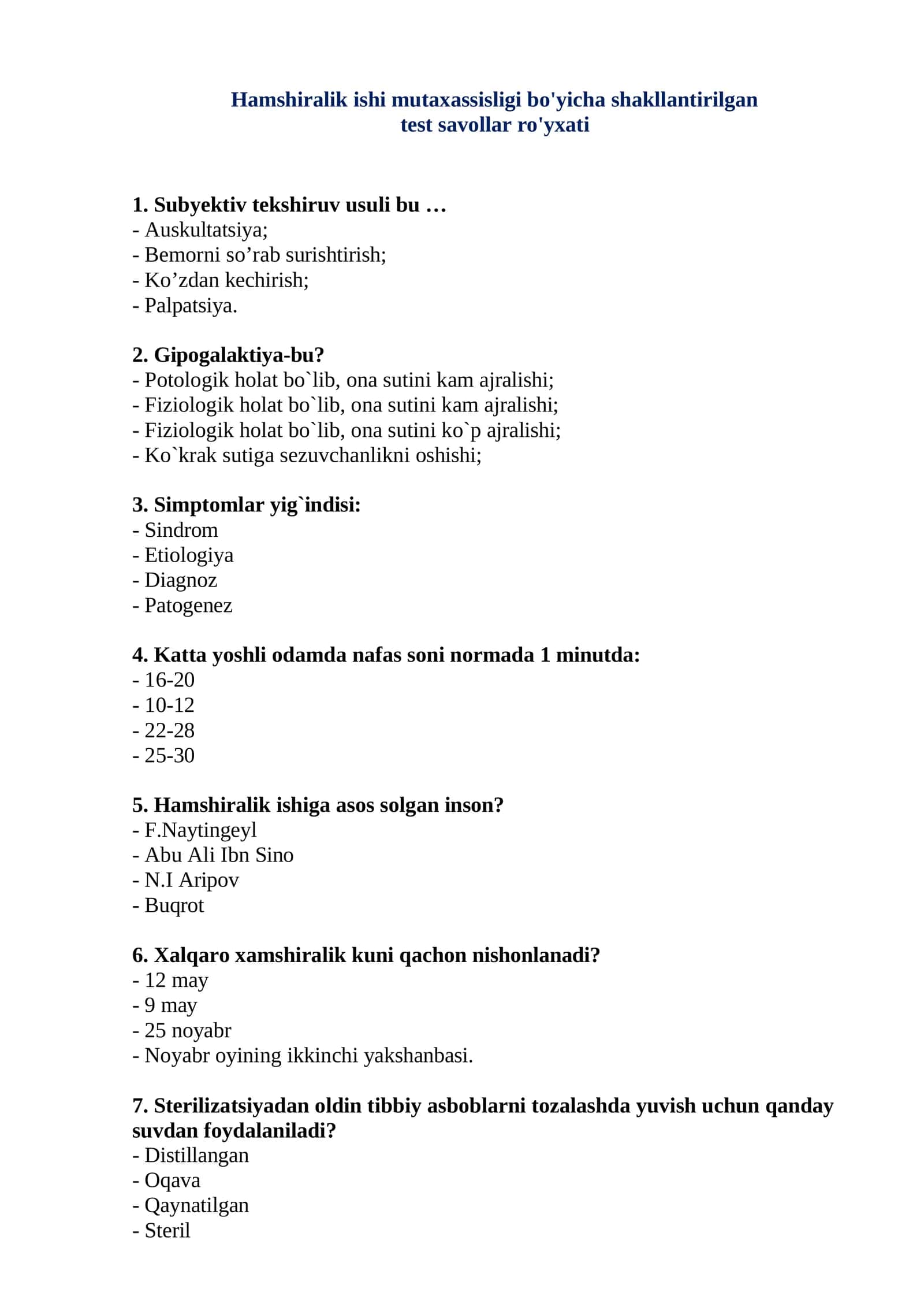 2026 HAMSHIRALIK ISHI TEST SAVOLLARI 1