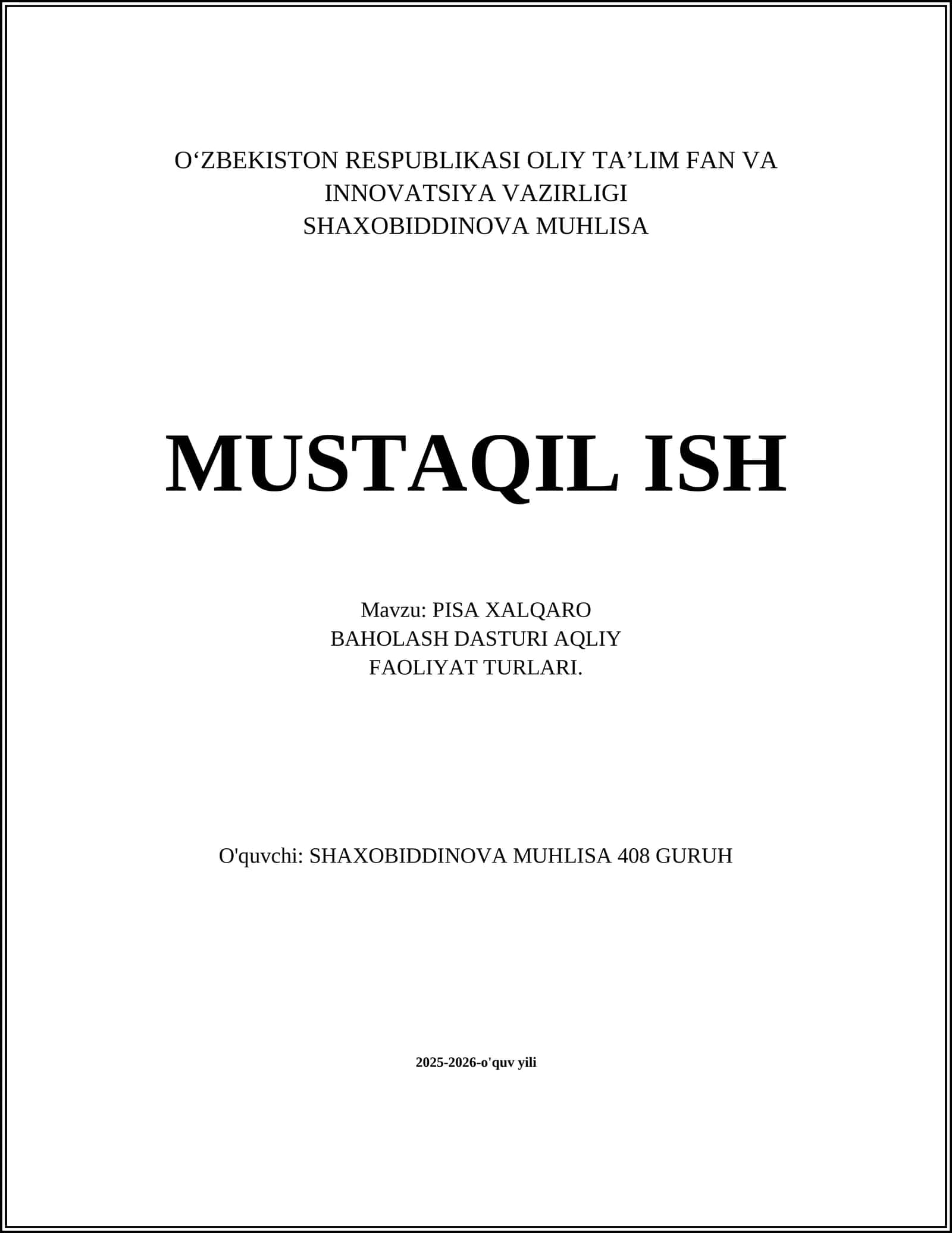 PISA XALQARO BAHOLASH DASTURI AQLIY FAOLIYAT TURLARI 1