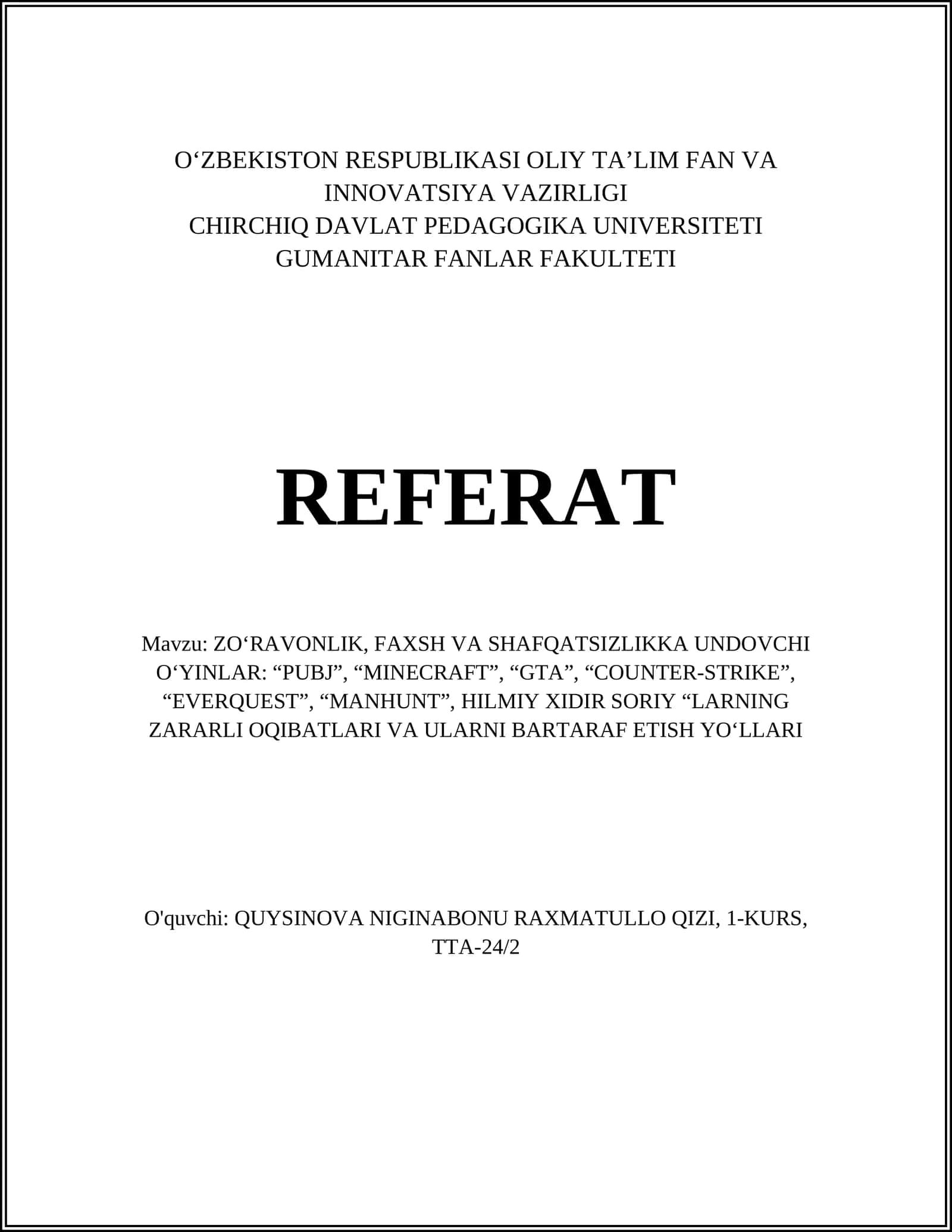 ZO‘RAVONLIK, FAXSH VA SHAFQATSIZLIKKA UNDOVCHI O‘YINLAR 1