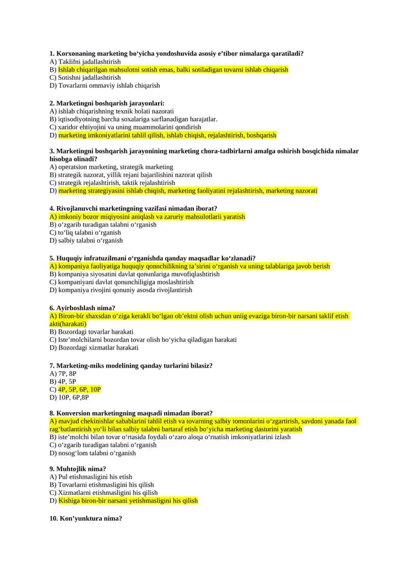 Yakuniy marketing test javoblari bilan 1