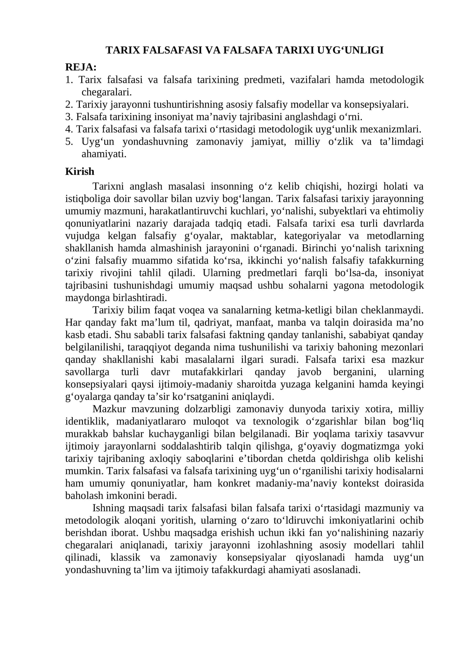 TARIX FALSAFASI VA FALSAFA TARIXI UYG‘UNLIGI 1